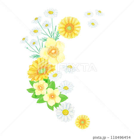 水彩で手描きした花：季節を問わない黄色と白の花飾り、花あしらい2 118496454