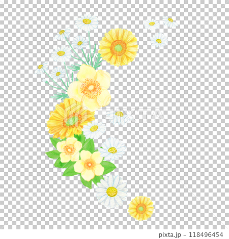 水彩で手描きした花：季節を問わない黄色と白の花飾り、花あしらい2 118496454