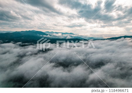 Aerial view of fog and morning sky from drone 118496671