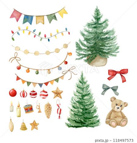Watercolor set with different garlands, Christmas trees, toys, bows and teddy bear. Hand drawn. Can be used on fabrics and paper products and other 118497573