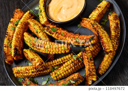 bbq corn ribs on a plate, top view 118497672