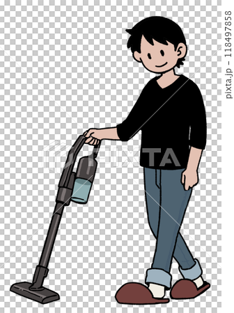 A man cleaning easily with a stick vacuum cleaner A man cleaning easily with a stick vacuum cleaner 118497858