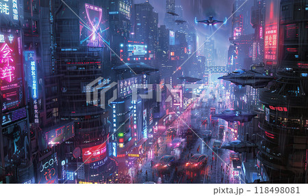 Futuristic City Skyline at Night, Generate Ai 118498081
