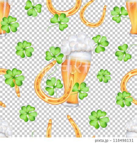 Seamless pattern with a glass of beer with a golden horseshoe and clover petals for St. Patrick's Day. Watercolor illustration. Symbol of good luck, wealth or success. Hand drawn isolated background. 118498131