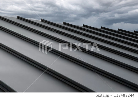 Close-up house retro roof panel with standing seam and fasteners. Modern galvanized steel roofing sheet with ribs. Classic style black metal panel with rebate joint. Falz roofing. Building's covering 118498244