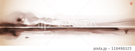 Ink wash painting of panorama with a lone fisherman on calm waters and distant mountains. Traditional oriental ink painting sumi-e, u-sin, go-hua in vintage style. Hieroglyph - life energy 118498325