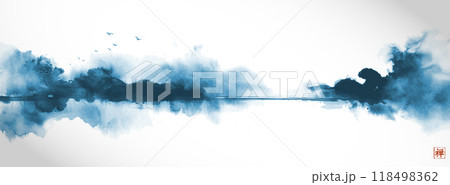 Ink wash painting of a misty landscape with trees, birds, and lake in blue tones. Traditional oriental ink painting sumi-e, u-sin, go-hua. Translation of hieroglyph - zen 118498362