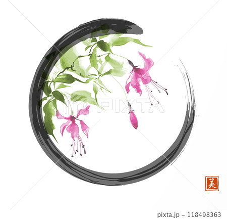 Minimalist painting of pink fuchsia flowers in black enso zen circle. Traditional oriental ink painting sumi-e, u-sin, go-hua. Hieroglyph - beauty 118498363