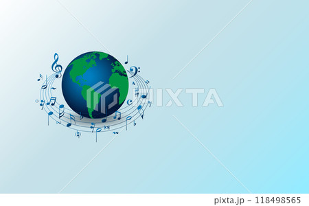 Planet Earth with music notes. World Music Day. Music concept. Mockup, template, banner, poster, copy space . Vector illustration Planet Earth with music notes. World Music Day. Music concept. Mockup, template, banner, poster, copy space . Vector illustration 118498565