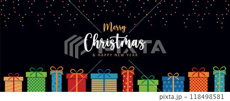 christmas greeting card with colorful gift boxes present vector illustration christmas greeting card with colorful gift boxes present vector illustration 118498581