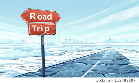 road trip traffic sign on the highway in winter illustration 118498607