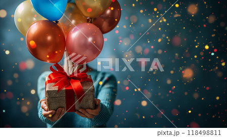 Girl holds colorful gift balloons with gift box, celebrating birthday background. Generative AI 118498811