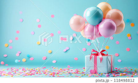 Brightly colored gift balloons withl present, confetti on blue festive background. Generative AI 118498812