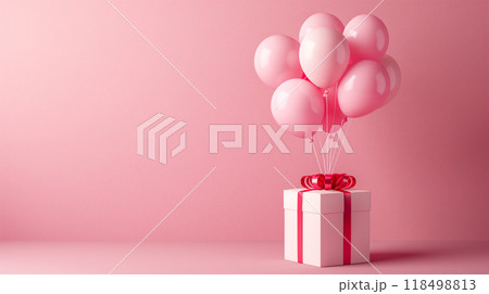 Pink gift box with pink balloons on soft pink backdrop, celebrations background. Generative AI 118498813