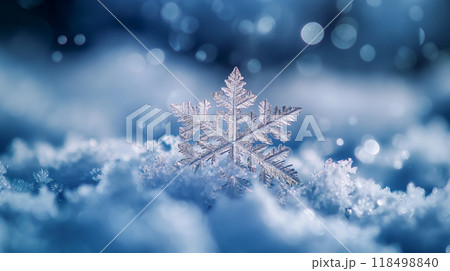 Delicate snowflake on soft winter snow, serene backdrop, winter background. Generative AI 118498840