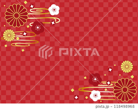 お正月や祝賀行事に使える、梅と菊の花の赤い和柄デザインの背景 お正月や祝賀行事に使える、梅と菊の花の赤い和柄デザインの背景 118498968