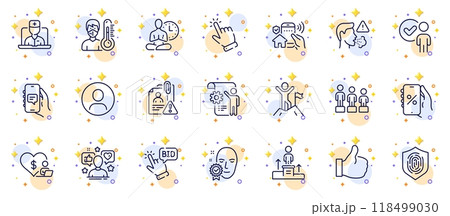 Outline set of Cough, Telemedicine and Cursor line icons for web app. Include Verification person, Volunteer, Yoga pictogram icons. House security, Thermometer, Business podium signs. Vector 118499030