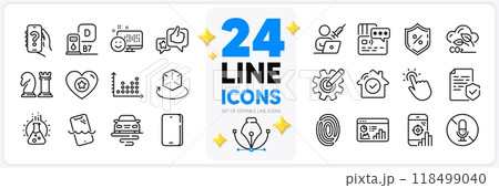 Icons set of Like, Certificate and Diesel station line icons pack for app with Dot plot, Chess, Cogwheel thin outline icon. Help app, Heart, Seo statistics pictogram. Co2 gas, Touchpoint. Vector 118499040