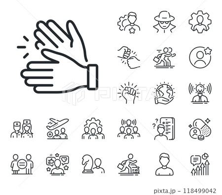 Clap sign. Specialist, doctor and job competition outline icons. Clapping hands line icon. Victory gesture symbol. Clapping hands line sign. Avatar placeholder, spy headshot icon. Vector Clap sign. Specialist, doctor and job competition outline icons. Clapping hands line icon. Victory gesture symbol. Clapping hands line sign. Avatar placeholder, spy headshot icon. Vector 118499042