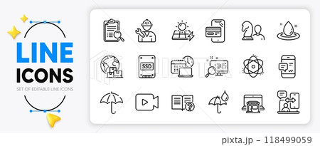 Waterproof umbrella, Repairman and Marketplace line icons set for app include Umbrella, Smartphone notification, Work time outline thin icon. Solar panels, Online shopping, Atom pictogram icon. Vector 118499059