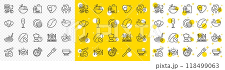 Outline Fork, Dry cappuccino and Coffee beans line icons pack for web with Coffee, Pasta dish, Potato chips line icon. Food delivery, Soy nut, Pizza pictogram icon. Wineglass, Ice creams. Vector 118499063