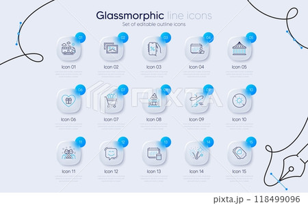 Set of Romantic gift, Fishing rod and Smile face line icons for web app. Love ticket, Discounts app, Bus travel icons. No sun, Ice cream, Account signs. Fireworks, Shopping rating, Carousels. Vector 118499096