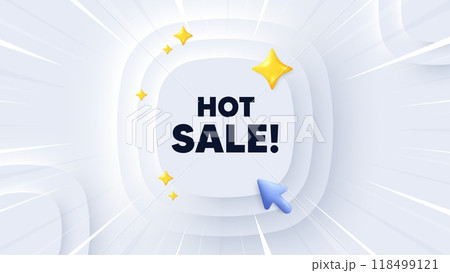Hot Sale tag. Neumorphic banner with sunburst. Special offer price sign. Advertising Discounts symbol. Hot sale message. Banner with 3d cursor. Circular neumorphic template. Vector 118499121