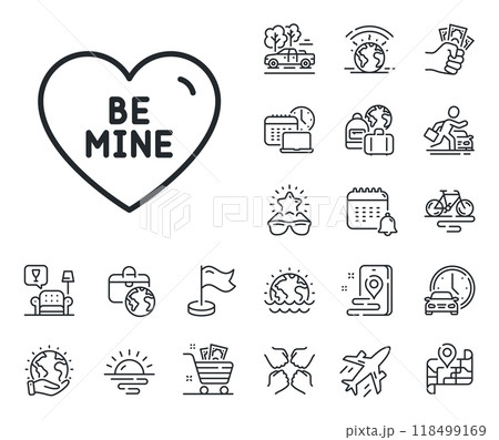 Sweet heart sign. Plane jet, travel map and baggage claim outline icons. Be mine line icon. Valentine day love symbol. Be mine line sign. Car rental, taxi transport icon. Place location. Vector 118499169