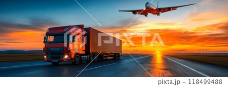 Container Truck and Cargo Plane in the Transportation and Logistics 118499488