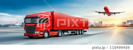 Container Truck and Cargo Plane in the Transportation and Logistics Container Truck and Cargo Plane in the Transportation and Logistics 118499489