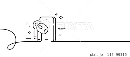 Earphones line icon. Continuous one line with curl. Mobile accessories sign. Headset or headphone symbol. Earphones single outline ribbon. Loop curve pattern. Vector 118499516