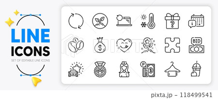 Bid offer, Secret gift and Coffee beans line icons set for app include Ice cream milkshake, Yummy smile, Money bag outline thin icon. Refresh, Startup, Loyalty points pictogram icon. Vector 118499541