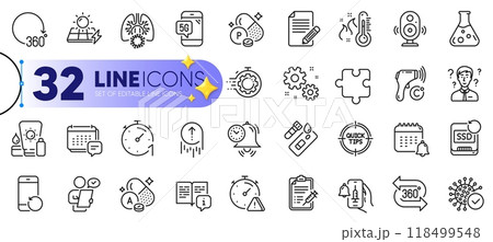 Outline set of Covid test, Article and Support consultant line icons for web with Vaccine announcement, 5g phone, Time management thin icon. Vitamin a, Coronavirus. Design with yellow 3d stars. Vector Outline set of Covid test, Article and Support consultant line icons for web with Vaccine announcement, 5g phone, Time management thin icon. Vitamin a, Coronavirus. Design with yellow 3d stars. Vector 118499548