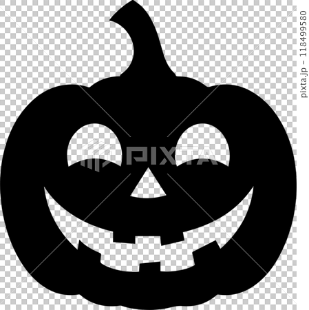 Halloween Vector Icon of a Creepy Smiling Jack O Lantern Pumpkin in Black Silhouette for Scary Spooky Designs, Png, Eps, Transparent Background 118499580