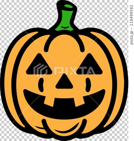 Halloween Icon of a Creepy Scary Smiling Pumpkin Jack O Lantern in a Orange, Green Black Outlined for Festive Designs, Png, Eps, Transparent Background 118499582