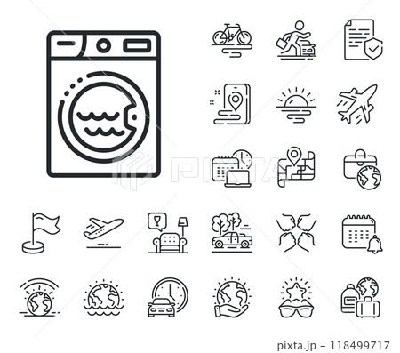 Washing machine sign. Plane jet, travel map and baggage claim outline icons. Laundry line icon. Hotel service symbol. Laundry line sign. Car rental, taxi transport icon. Place location. Vector 118499717