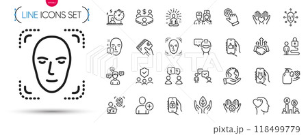 Pack of Consulting business, Fair trade and Face biometrics line icons. Include Face attention, Wallet, Computer fingerprint pictogram icons. People insurance, Ab testing, Add user signs. Vector 118499779