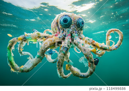 Global ocean pollution, octopus in plastic garbage Global ocean pollution, octopus in plastic garbage 118499886