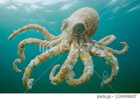 Global ocean pollution, octopus in plastic garbage Global ocean pollution, octopus in plastic garbage 118499887