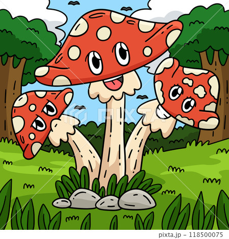 Mushroom Siblings Colored Cartoon Illustration 118500075