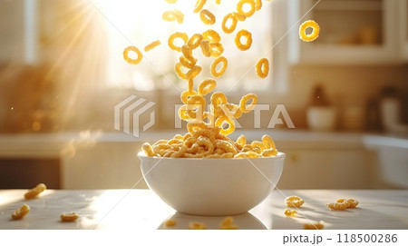 Bright morning with cereal pouring into a bowl in sunlight 118500286