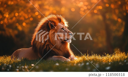 Lion basking in the golden sunlight of the savanna 118500318