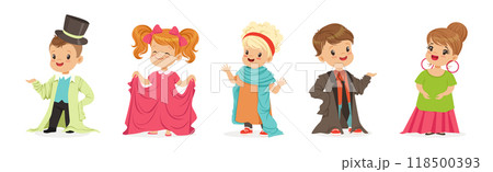 Cute Little Kids Wearing Elegant Adult Oversized Clothes Vector Set Cute Little Kids Wearing Elegant Adult Oversized Clothes Vector Set 118500393