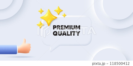 Premium quality tag. Neumorphic background with chat speech bubble. High product sign. Top offer symbol. Premium quality speech message. Banner with like hand. Vector 118500412