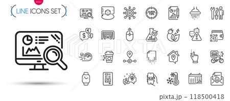 Pack of Food delivery, Touchscreen gesture and Qr code line icons. Include Smartwatch, Recovery file, Idea pictogram icons. Framework, Augmented reality, Warning signs. Seo analytics. Vector 118500418