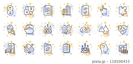 Outline set of Teapot, Leaf and Inspect line icons for web app. Include Meeting, Treasure map, Translate pictogram icons. Salary employees, Approved checklist, Psychology signs. Recycle. Vector 118500433