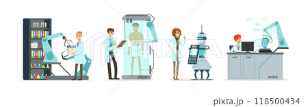 Artificial Intelligence with Man and Woman Scientists in Laboratory Working on Innovations Vector Set 118500434