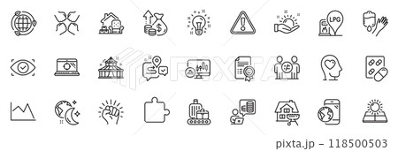 Icons pack as Line chart, Inflation and Puzzle line icons for app include Mobile internet, Seo laptop, Home grill outline thin icon web set. Baggage belt, Budget accounting, Smile pictogram. Vector Icons pack as Line chart, Inflation and Puzzle line icons for app include Mobile internet, Seo laptop, Home grill outline thin icon web set. Baggage belt, Budget accounting, Smile pictogram. Vector 118500503