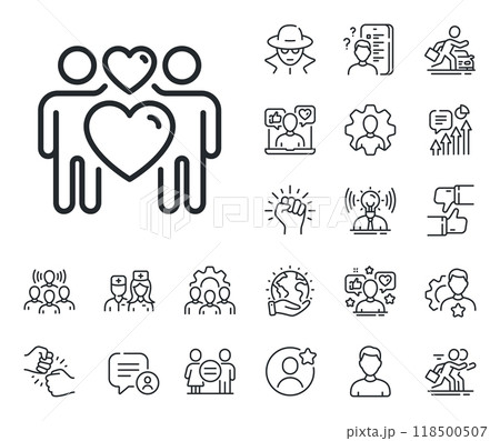 Heart lovers sign. Specialist, doctor and job competition outline icons. Love couple line icon. Valentine day symbol. Love couple line sign. Avatar placeholder, spy headshot icon. Vector 118500507