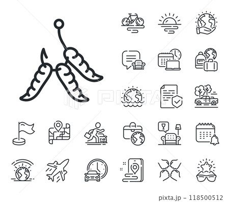 Fishing hook with worms sign. Plane jet, travel map and baggage claim outline icons. Maggots line icon. Fishhook bait symbol. Maggots line sign. Car rental, taxi transport icon. Place location. Vector 118500512